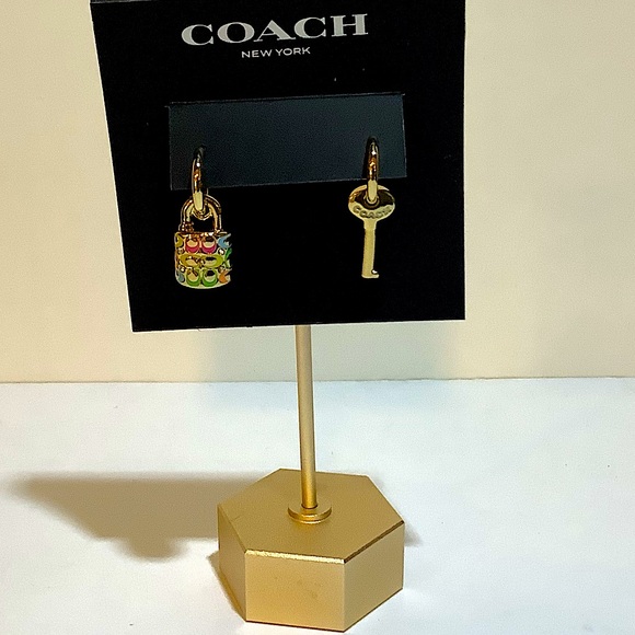 Coach Key Padlock Quilted Rainbow Mismatched Earrings New - Picture 3 of 6